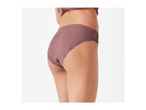 Woman wearing ribbed, lace-trimmed briefs in a mauve color.
