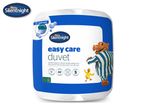 Duvet packaging with a hippo and duck, highlighting quick wash, hypoallergenic, and recycled materials.