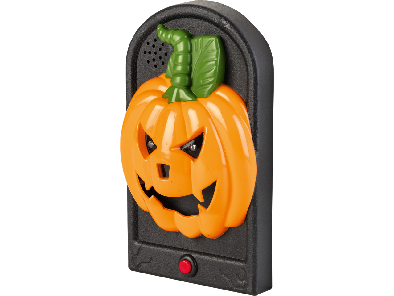 Helovino durų skambutis kapo akmens formos su moliūgo veidu ir raudonu mygtuku.