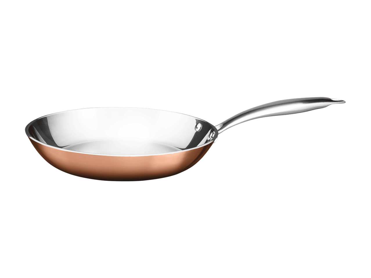 Kuparinvärinen paistinpannu, jossa on ruostumattomasta teräksestä valmistettu kahva.