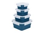 Stack of four collapsible food storage containers with clear lids and blue bases.