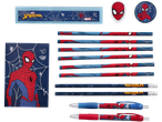 Spider-Man raštinės reikmenys: pieštukai, trintukas, liniuotė ir užrašų knygelė.