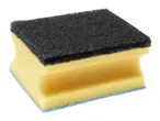 A cleaning sponge with a black scouring pad on one side and a yellow sponge on the other.