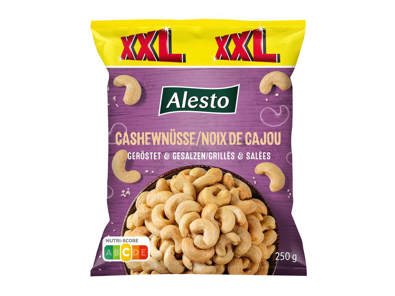 Sachet de noix de cajou grillées et salées Alesto XXL, avec Nutri-Score C et 250g.
