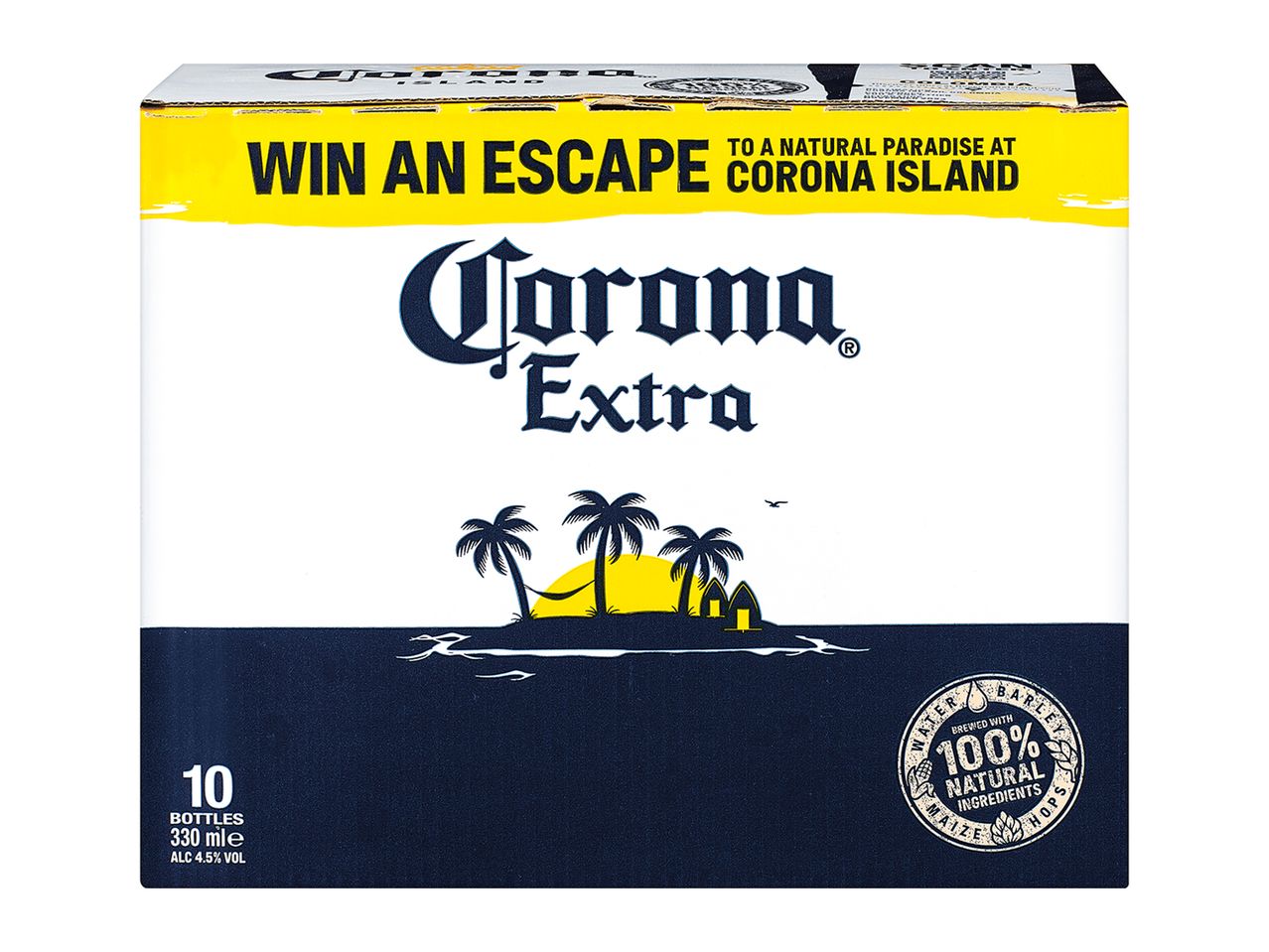 Corona Extra: 10 x 330ml bottles. Tropical theme.