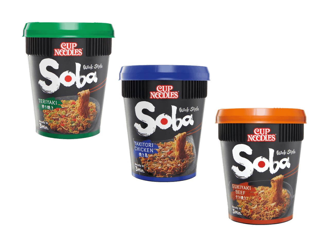 Drei Soba Wok-Style Instantnudeln in den Geschmacksrichtungen Teriyaki, Yakitori-Huhn und Sukiyaki-Rind.