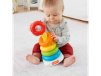Baby sitting on the floor playing with a colorful Fisher-Price stacking ring toy.
