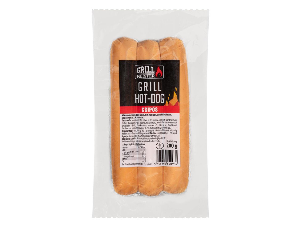 Grill Meister csípős grill hot-dog vákuumcsomagolásban, 200g-os kiszerelésben.