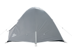 A light gray tent with white trim and guy lines, viewed from the back.