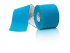 Blue kinesiology tape roll with a section unrolled, showing a grid pattern and 'plast' text.