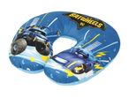 Blå nakkepude med tegneseriebiler og teksten 'BATWHEELS'.