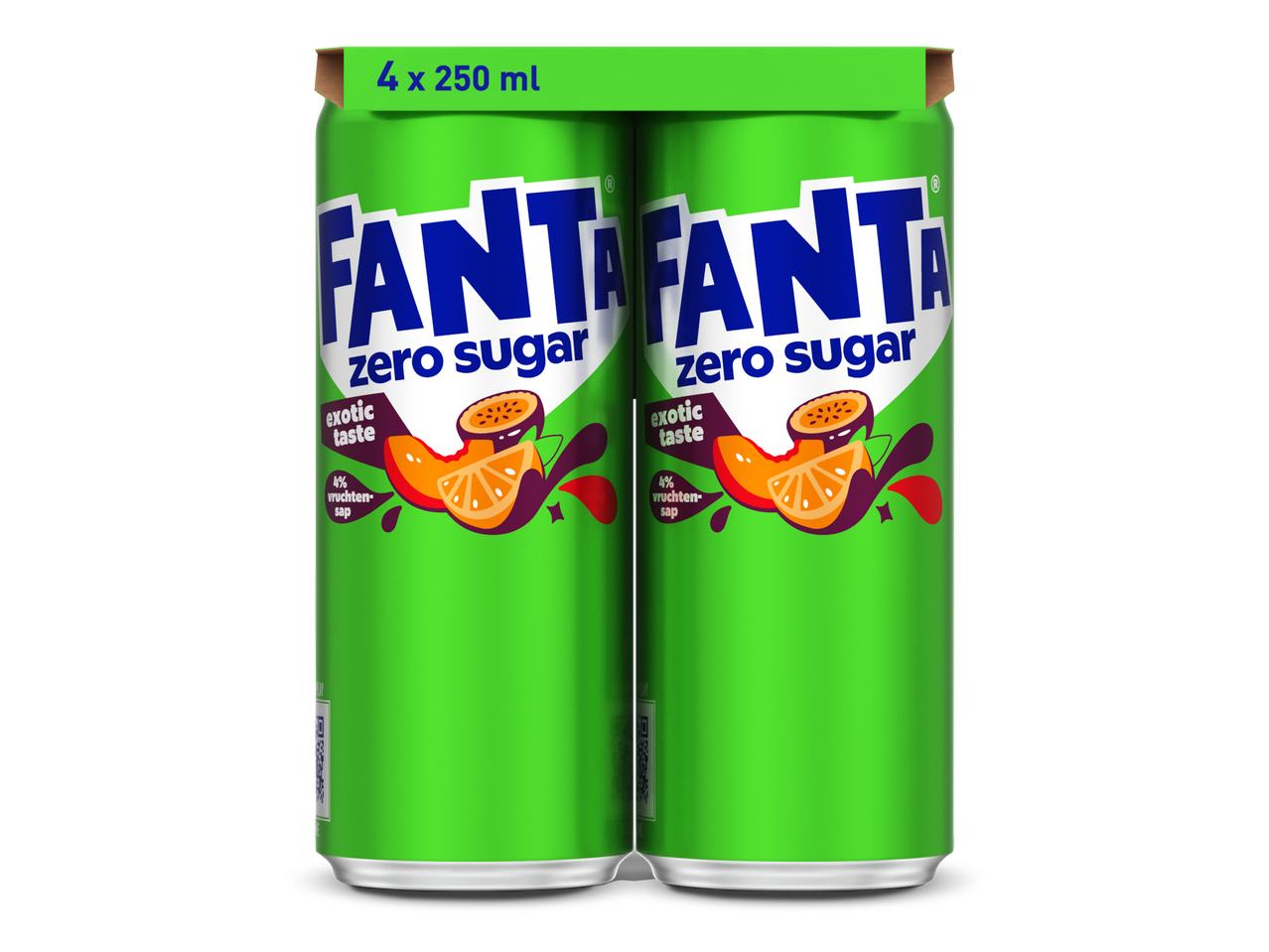 Vier blikjes frisdrank met exotische fruitsmaak, 4x250ml, zero sugar.