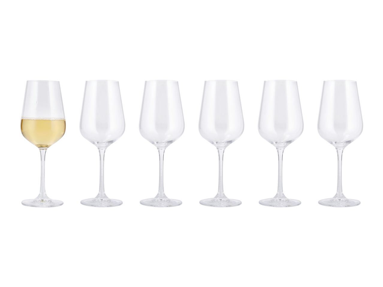 Six champagne flutes, one filled with sparkling wine, on a white background.