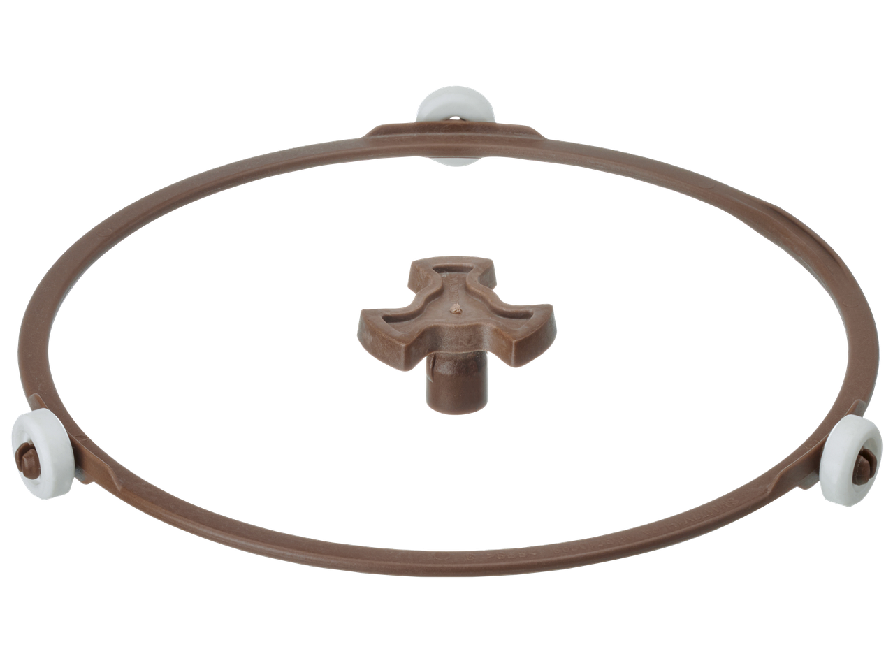 Кафява кръгла поставка за микровълнова печка с три бели колелца и централна опора.