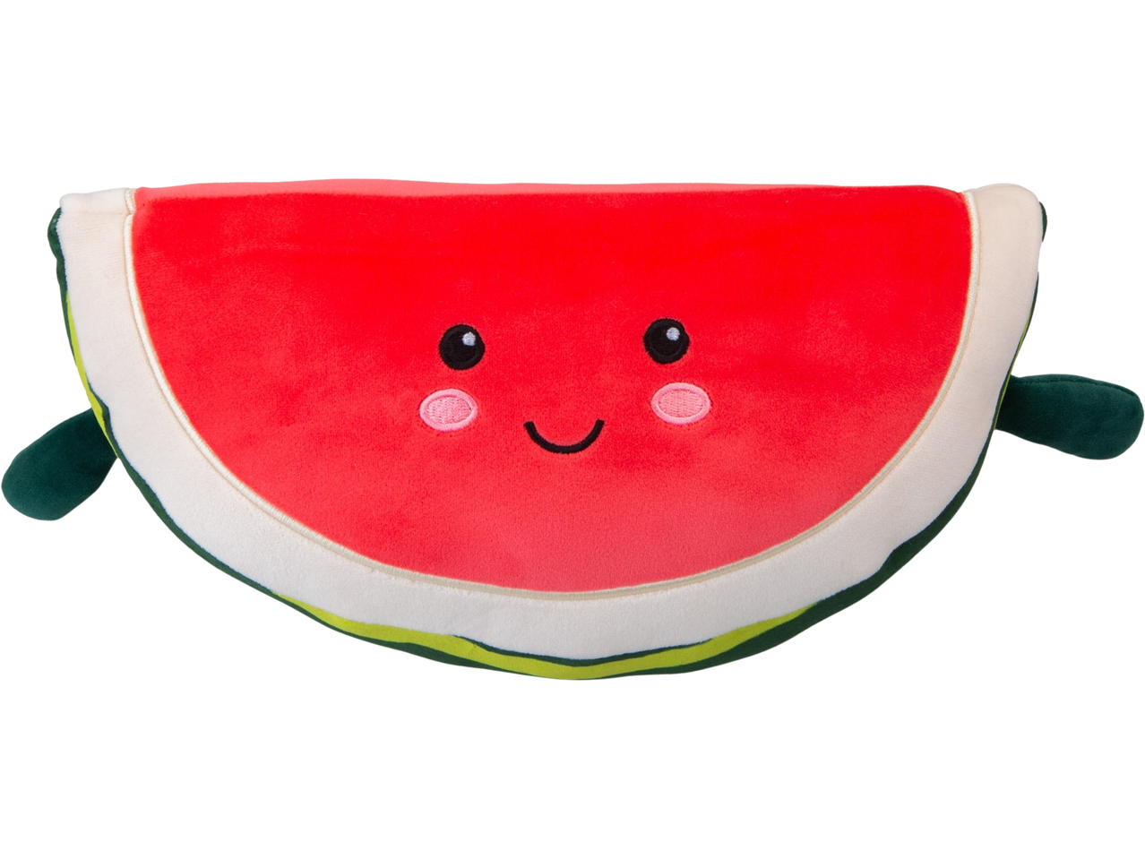 A plush watermelon slice with a smiling face and small green arms.