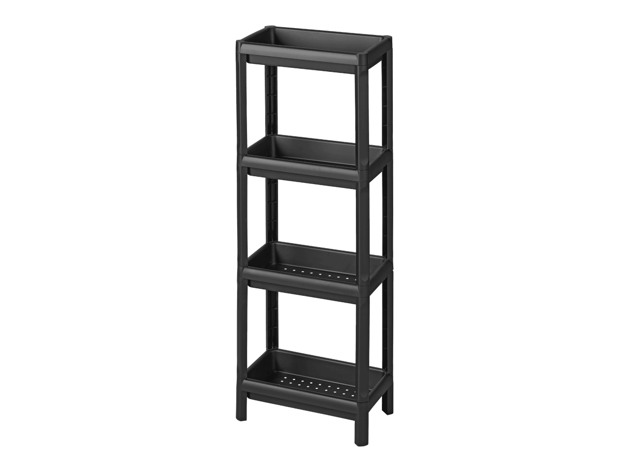 Musta nelikerroksinen muovihylly, jossa on rei'itetyt hyllyt.