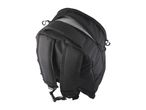 Black backpack with open zipper, viewed from the back