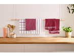 W5 Kitchen Hand Towel & Tea Towel Set in red and white patterns, hanging on a wooden rod.