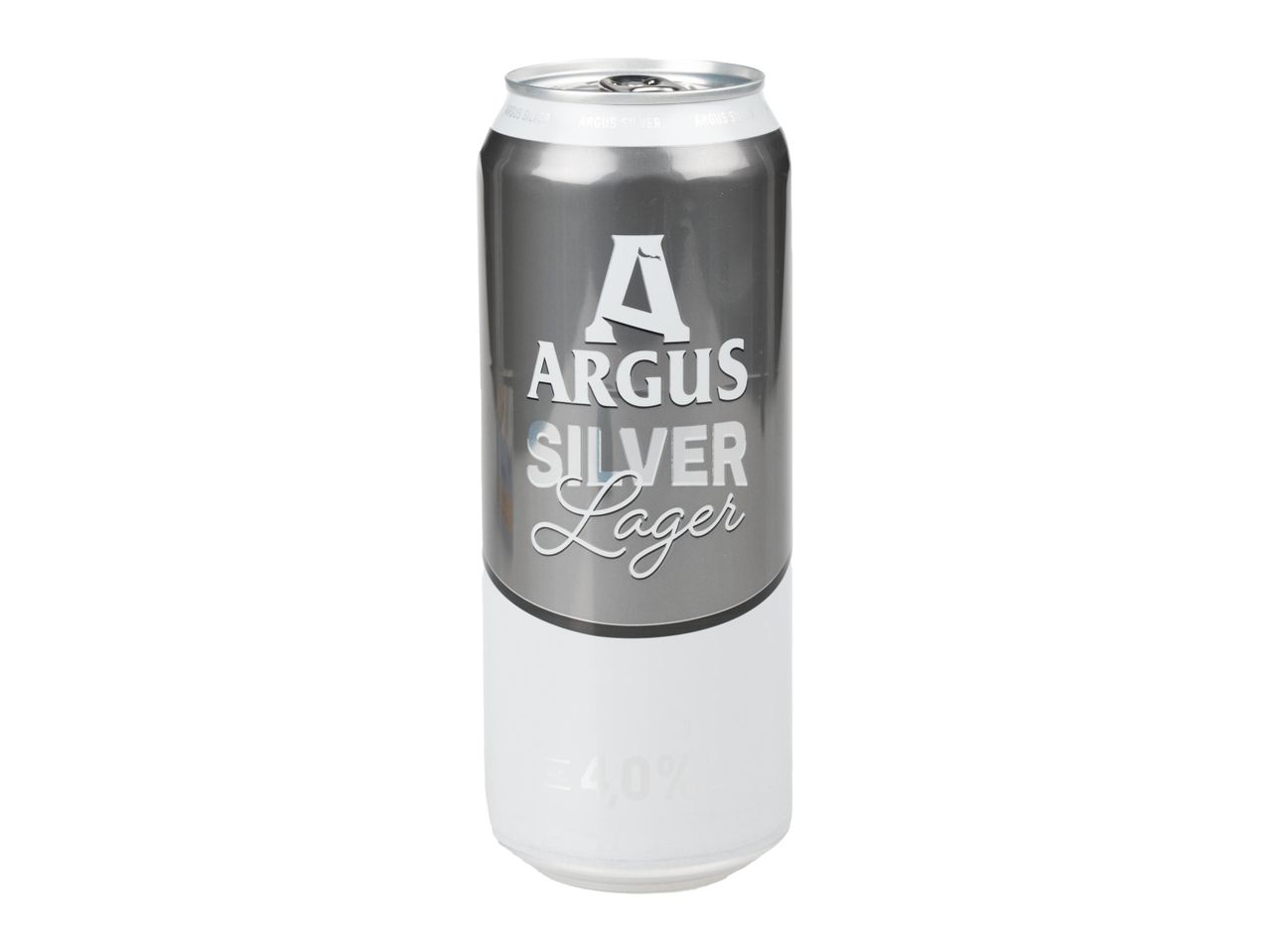 O doză de bere Argus Silver Lager, gri și albă, cu 4,0% alcool.