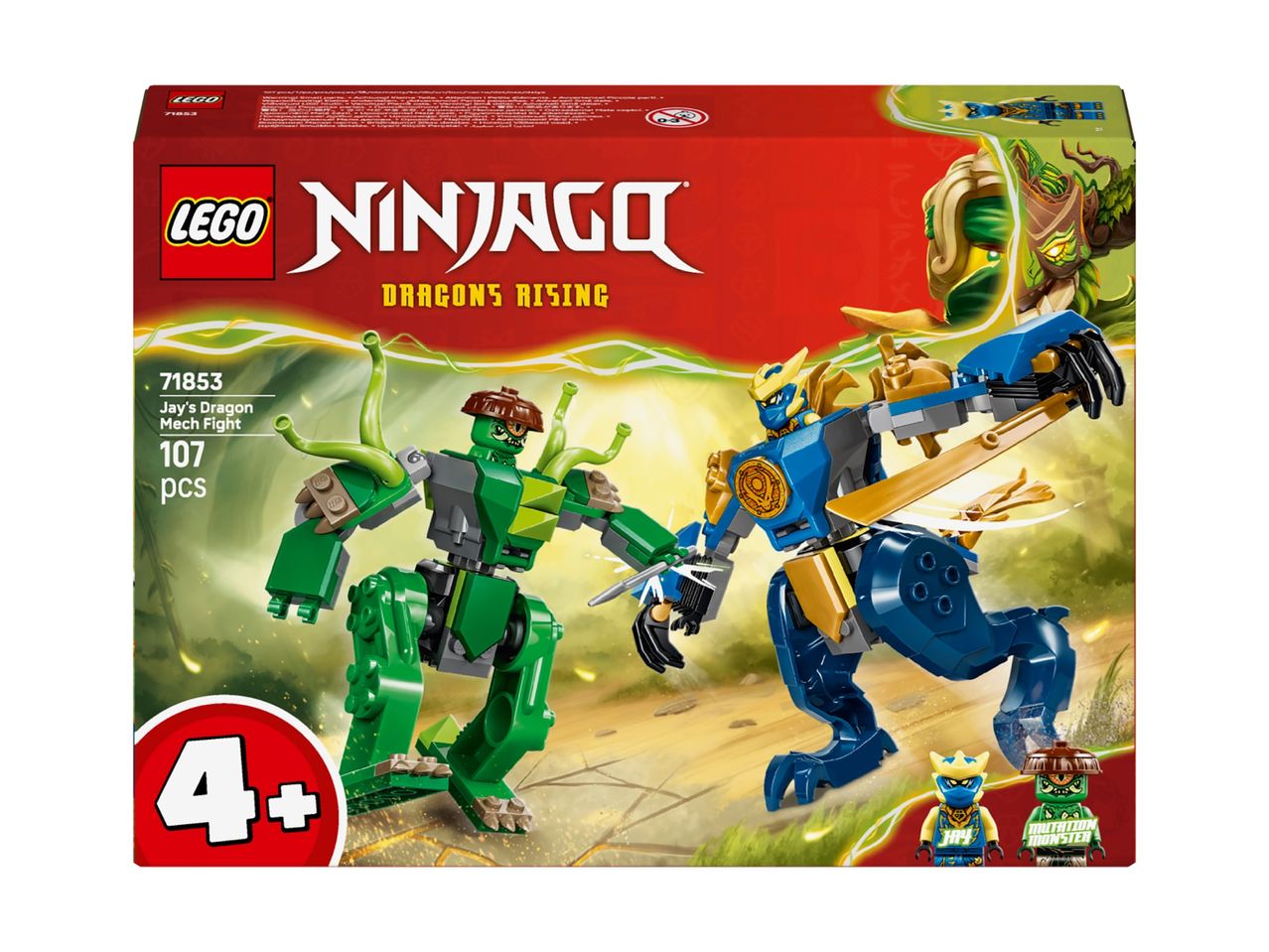 Ninjago Dragons Rising Jay's Dragon Mech Fight set with 107 pieces for ages 4+.