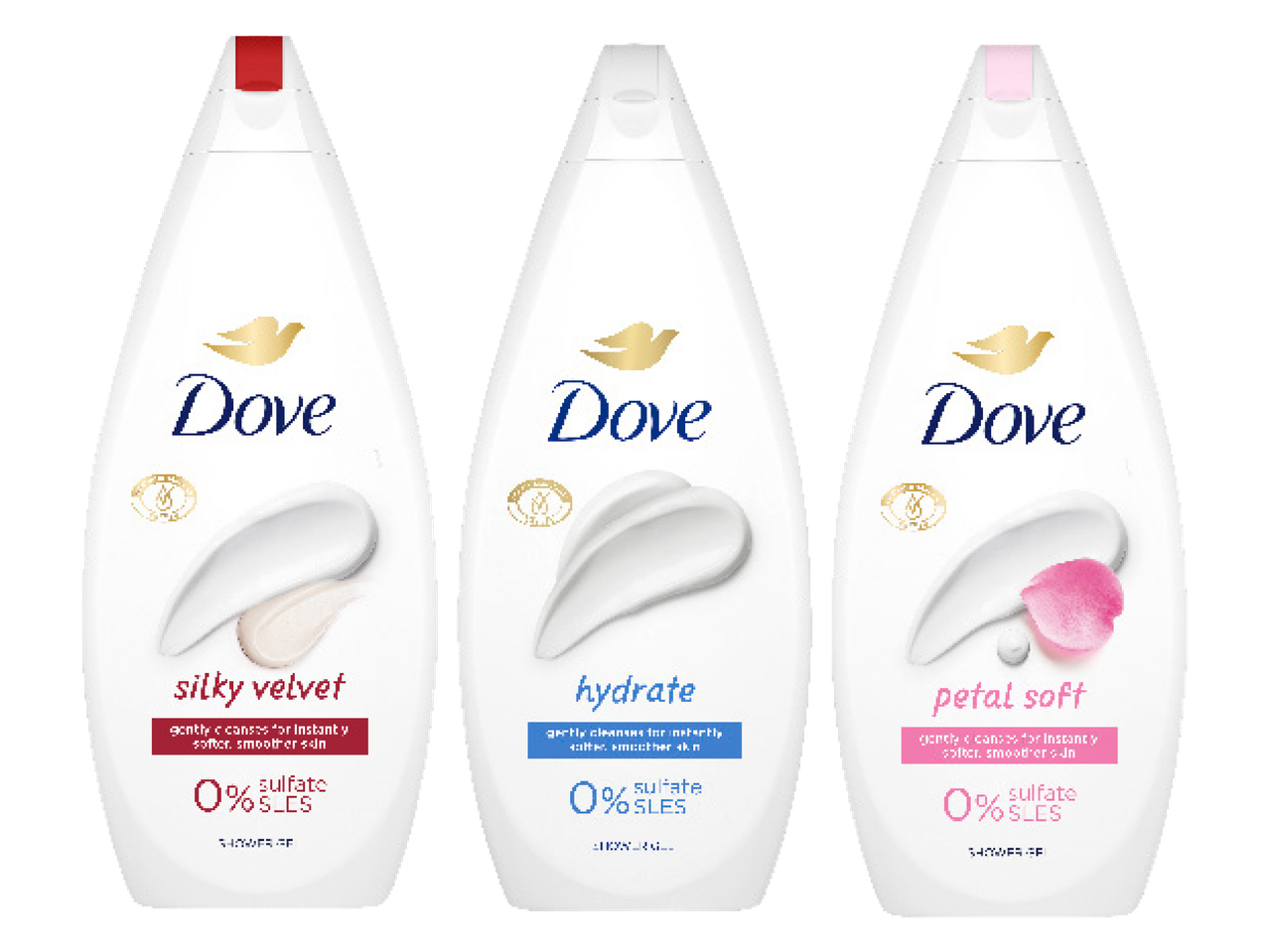 Trīs Dove dušas želejas pudeles: Silky Velvet, Hydrate un Petal Soft.