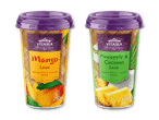To indiske yoghurtdrikke: mango lassi og ananas-kokos lassi, begge 250g.
