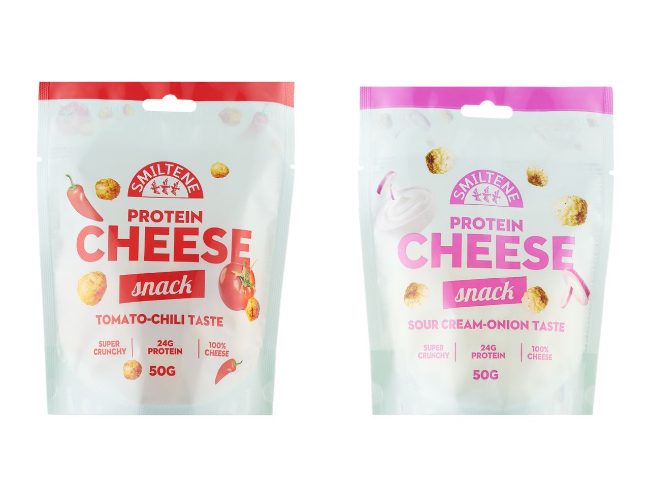 Dvi „Proper Snacks“ sūrio užkandžių pakuotės: aštraus čili ir saldžiai rūgščios.