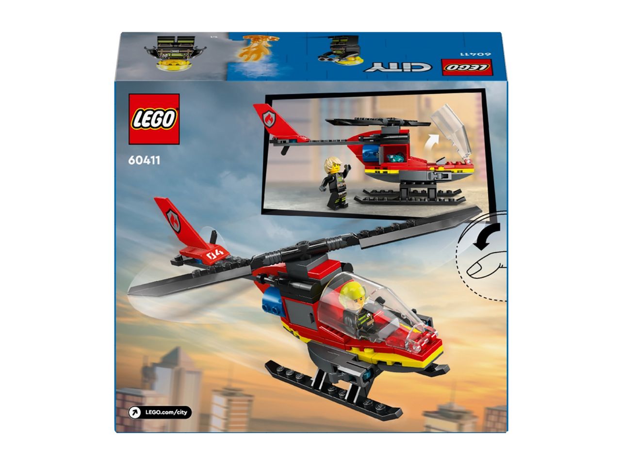 A red and black toy helicopter with a pilot, flying over a city skyline.