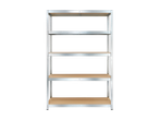 Parkside® Metal Shelving Unit with five wooden shelves on a black background.