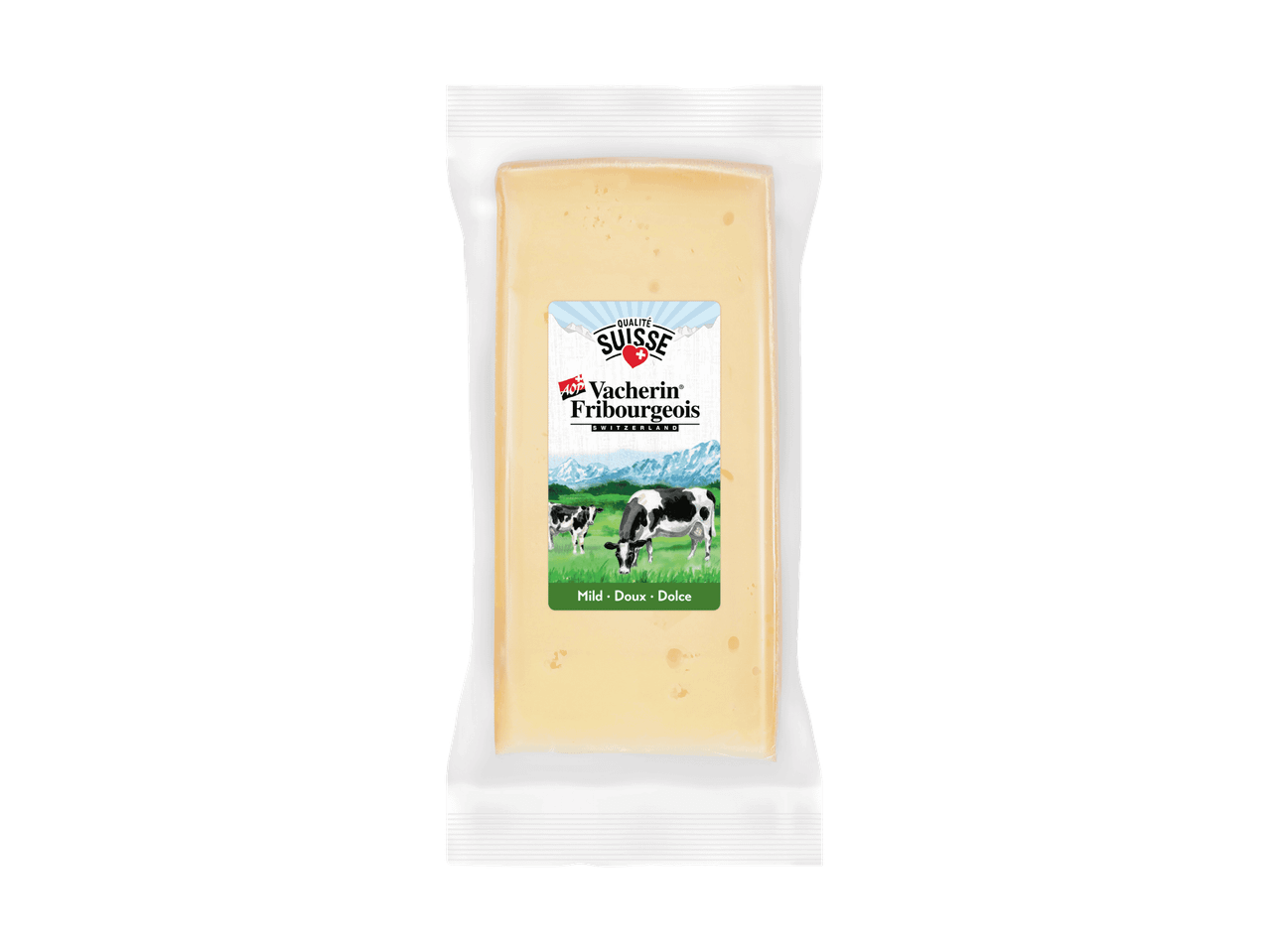 Schweizer Vacherin Fribourgeois Käse in Vakuumverpackung, mit weidenden Kühen.
