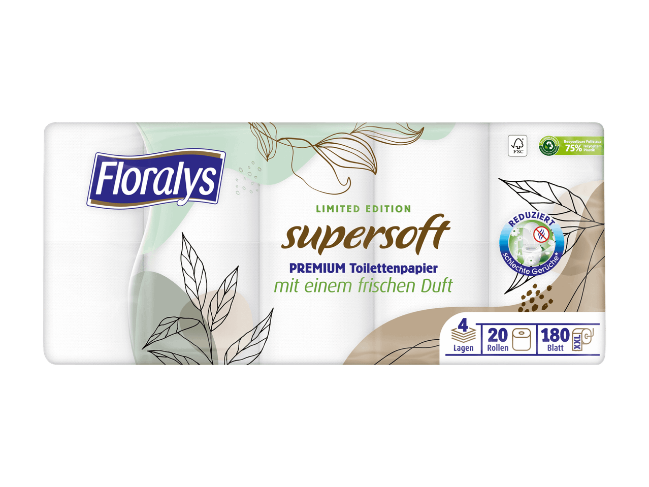 Floralys supersoft Toilettenpapier mit frischem Duft, 4-lagig, 20 Rollen, 180 Blatt, aus recyceltem Plastik.