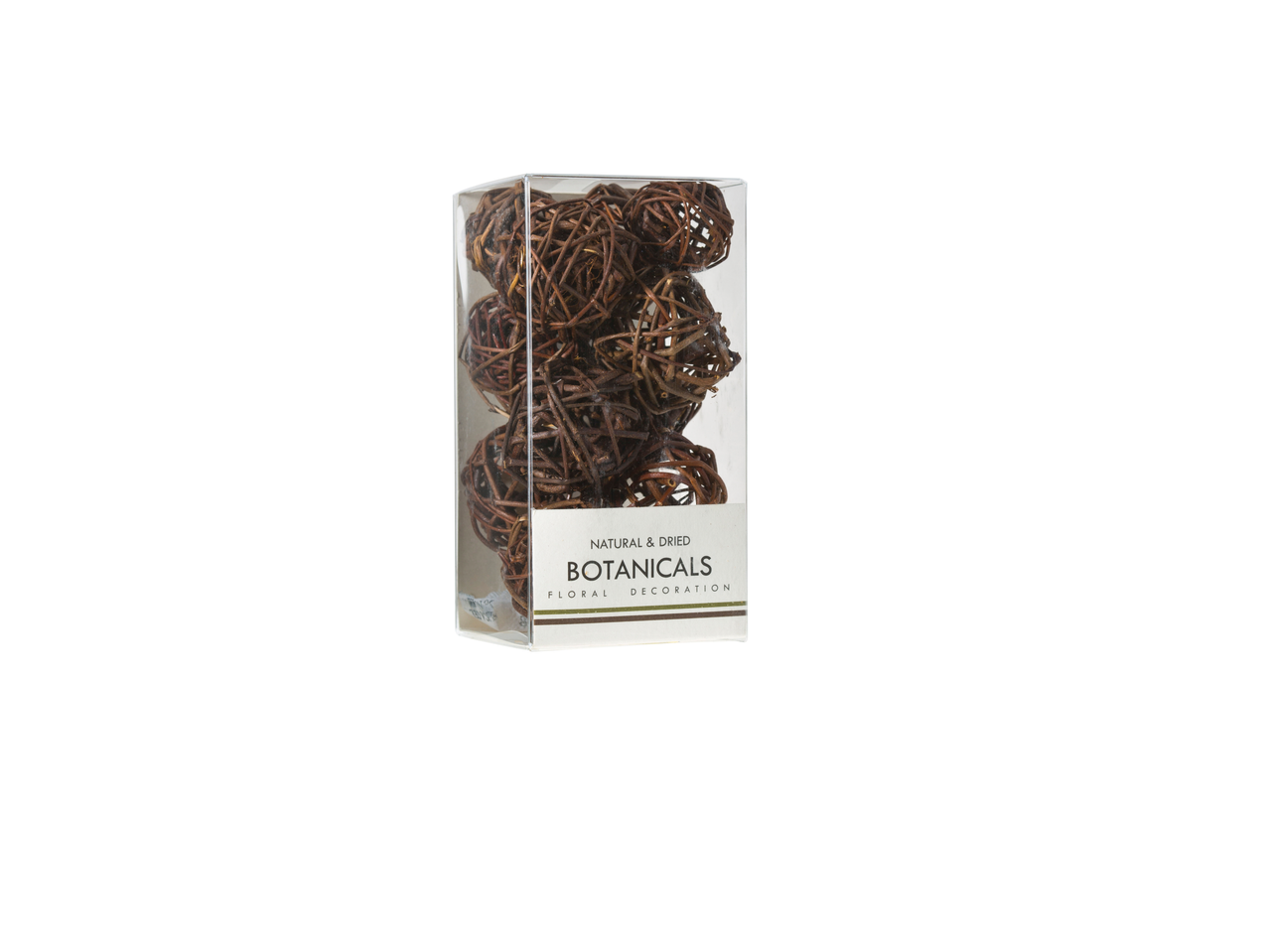 Dekoratyviniai rutuliai iš džiovintų šakų permatomoje dėžutėje su užrašu „NATURAL & DRIED BOTANICALS“