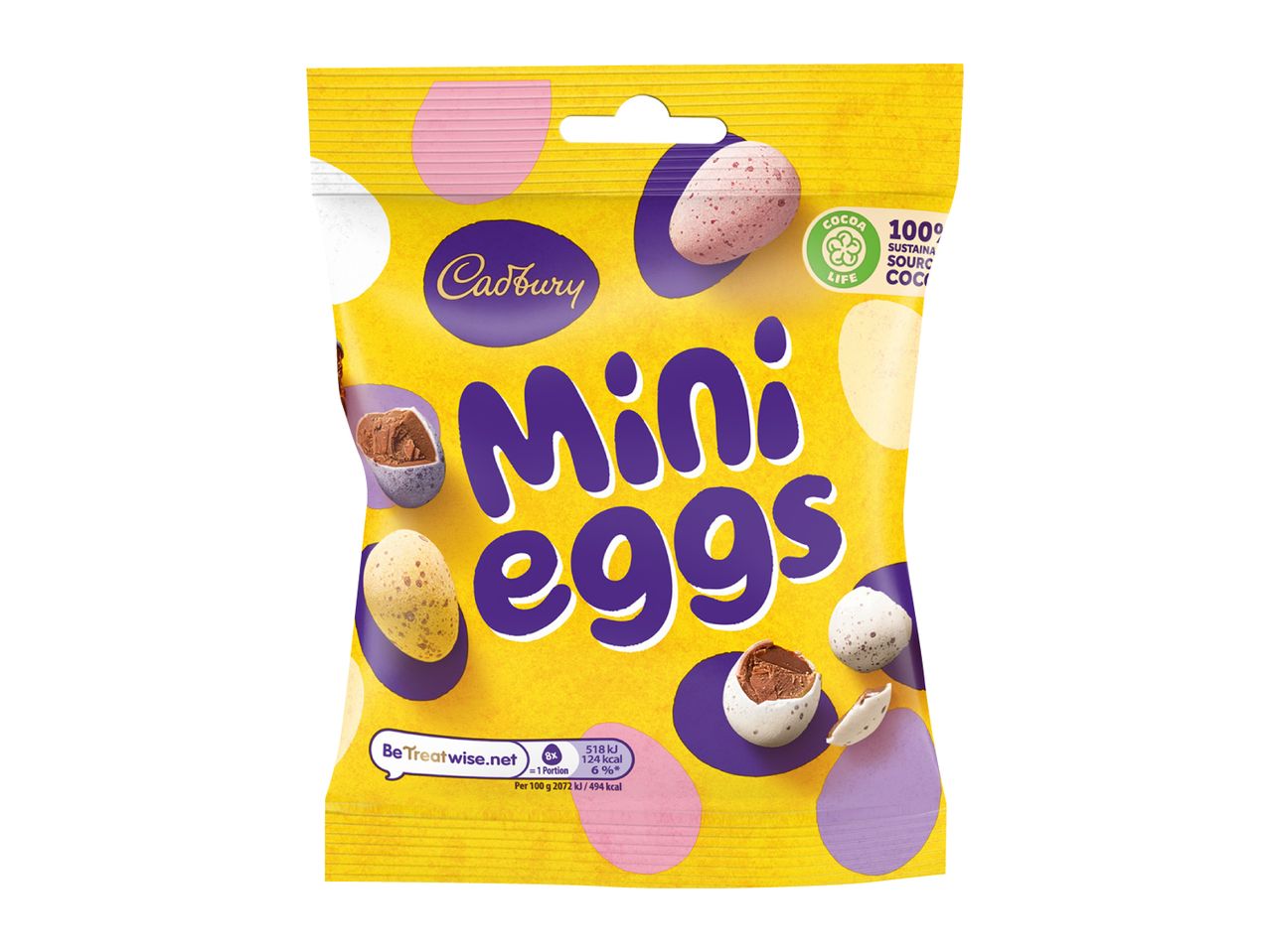 Yellow bag of mini chocolate eggs with purple and pink accents, featuring nutritional information.
