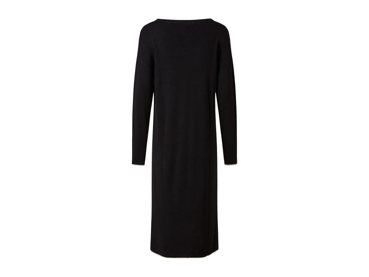 Black long-sleeved midi dress with a boat neck and white trim on the cuffs and hem.