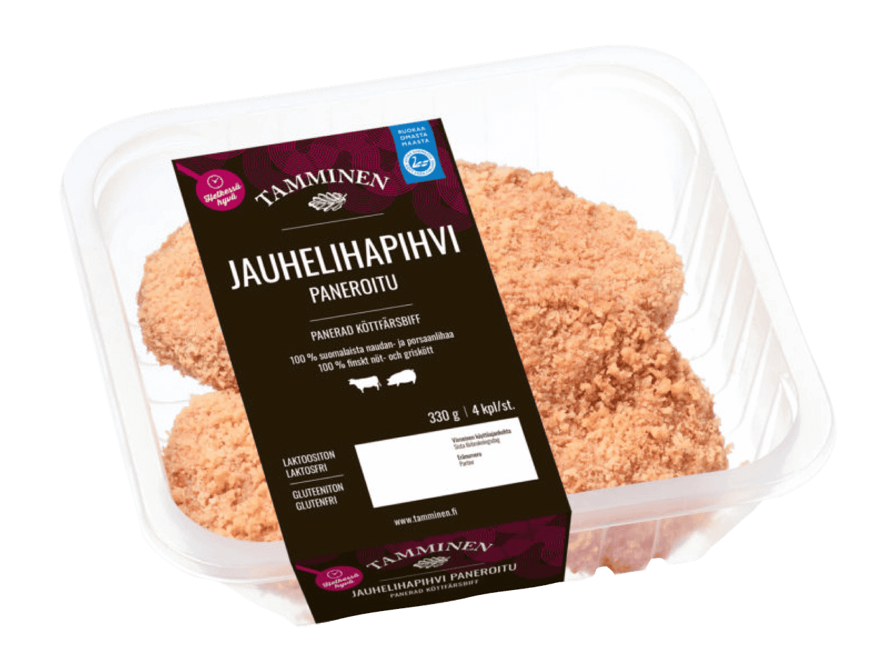 Paneroitu jauhelihapihvi, 100 % suomalaista naudan- ja porsaanlihaa, laktoositon ja gluteeniton.