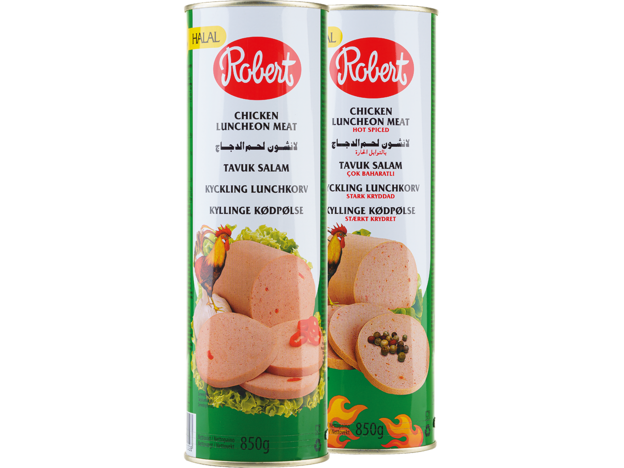 Två burkar kycklinglunchkött, en vanlig och en starkt kryddad, med texten 'HALAL'.