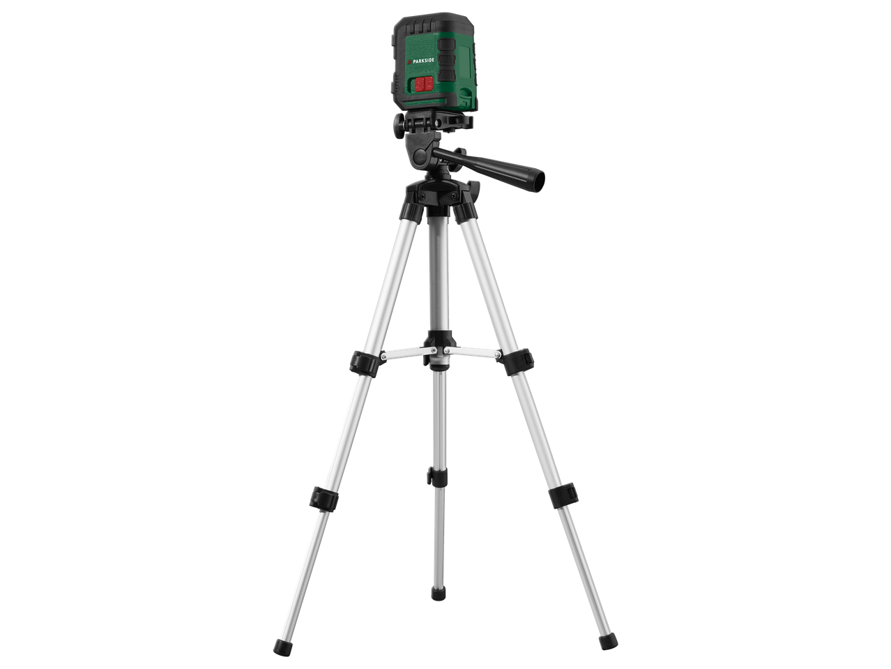 Zeleni laserski nivelator na stativu sa crnim detaljima.