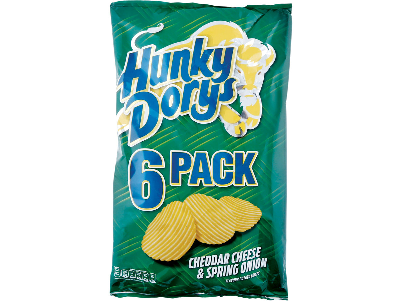 6-pack Hunky Dory cheddar and spring onion flavour potato crisps.