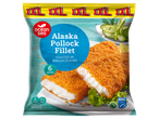 Ocean Sea's XXL Alaska pollockfilets, gepaneerd en bevroren, klaar om te koken.
