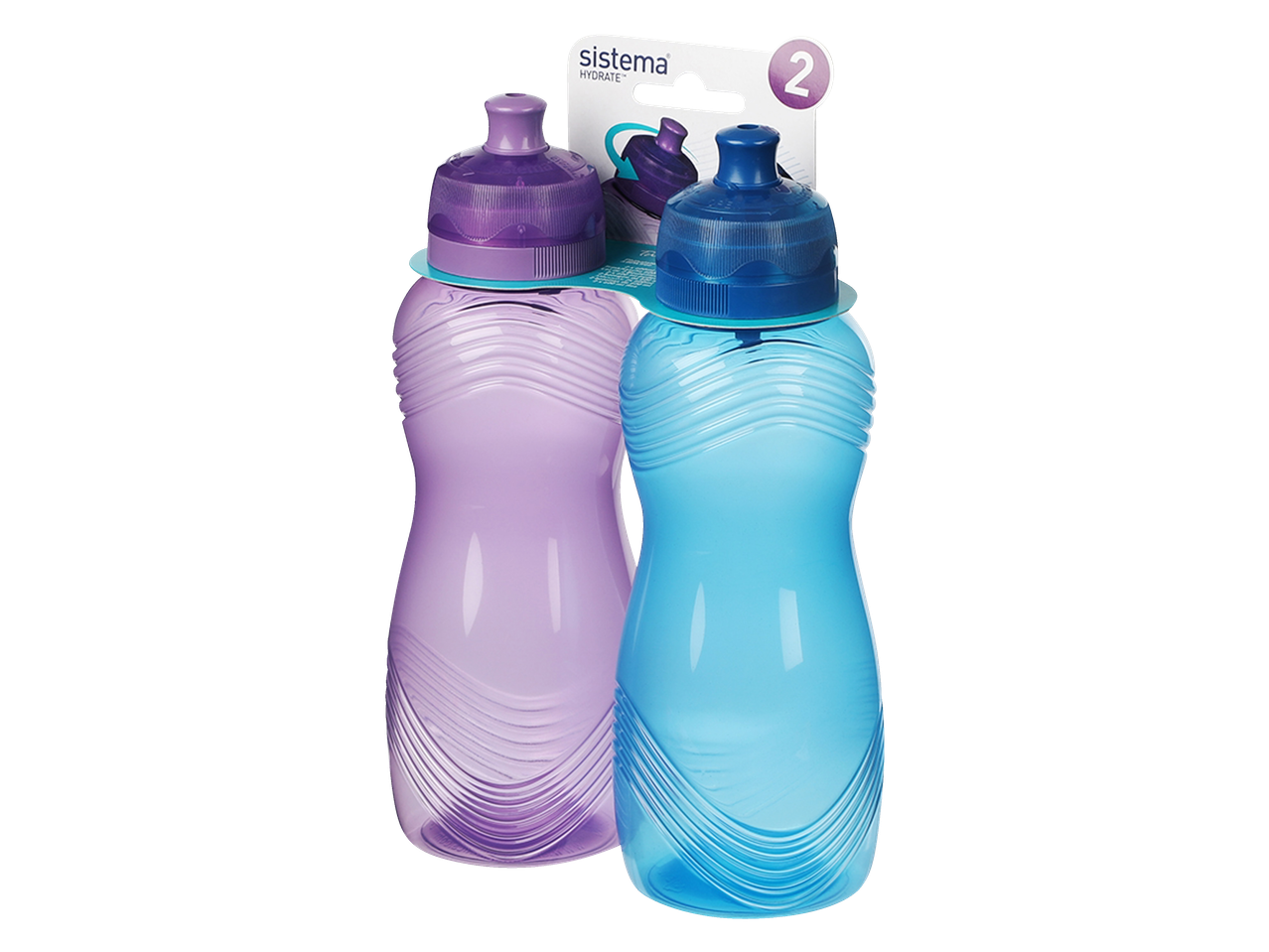 Două sticle Sistema Hydrate, mov și albastru.