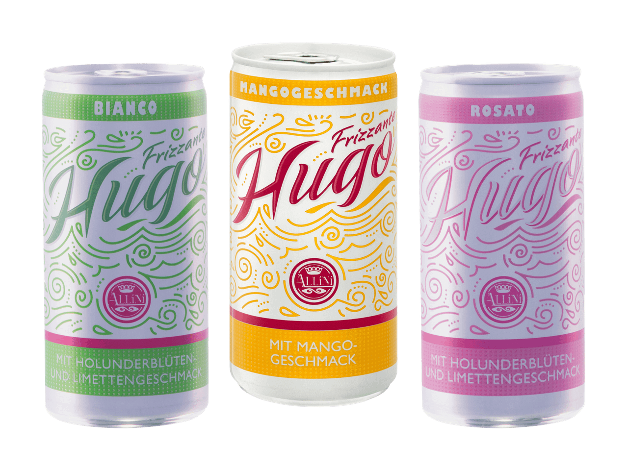 Drei Dosen weinhaltiger Cocktail in den Sorten Bianco, Mango und Rosato.