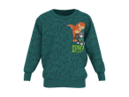 Grøn sweatshirt med dinosaur- og hundemotiv og teksten 'DINO EXPERT'.