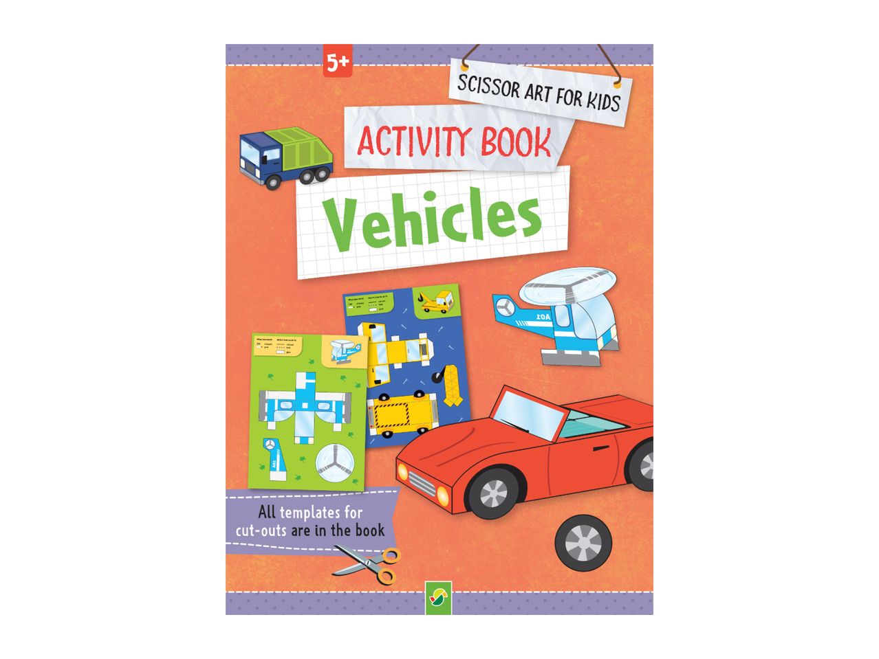 Activity book for kids featuring scissor art vehicles like cars, trucks, and helicopters.