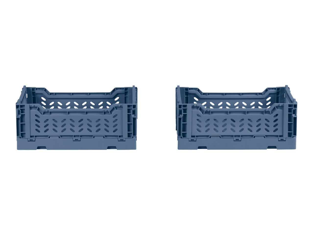Two blue foldable plastic crates with perforated sides, side by side on a white background.