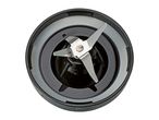 Top-down view of a black blender blade assembly with a grey sealing ring
