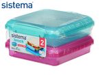 Two Sistema Lunch boxes, pink and teal.