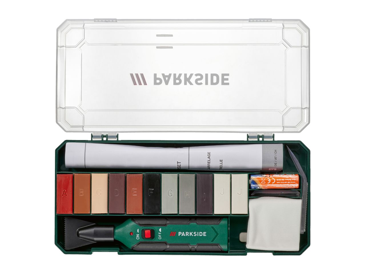 A repair kit with various colored wax sticks, a heating tool, batteries, and a cloth.