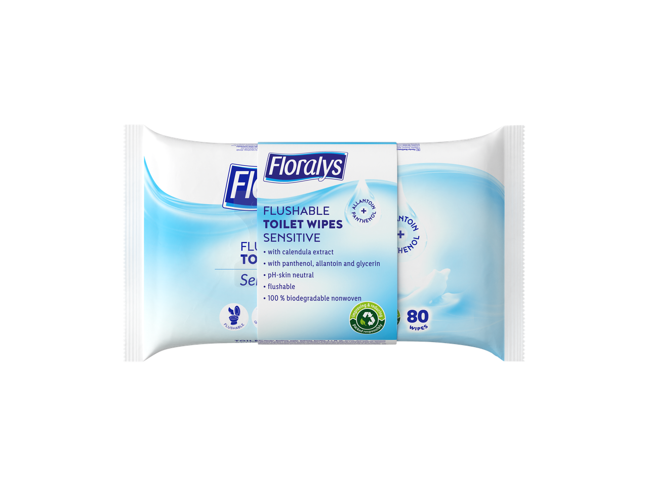 Floralys nedves, lebomló toalettpapír Sensitive körömvirág kivonattal, 2x80 db