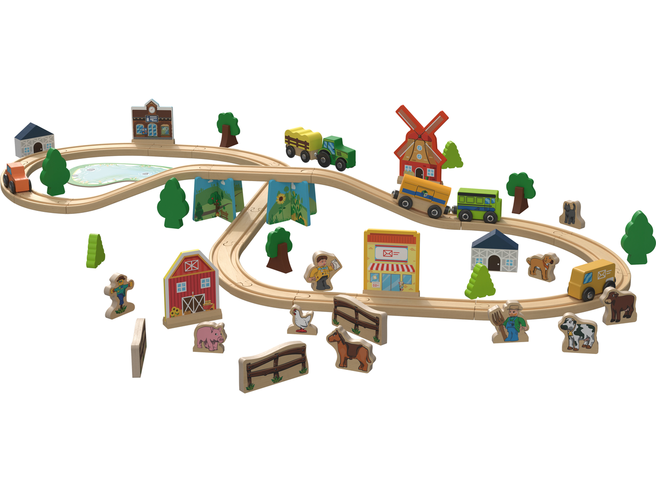 Ensemble de train en bois sur le thème de la ferme, avec rails, véhicules, animaux et bâtiments.