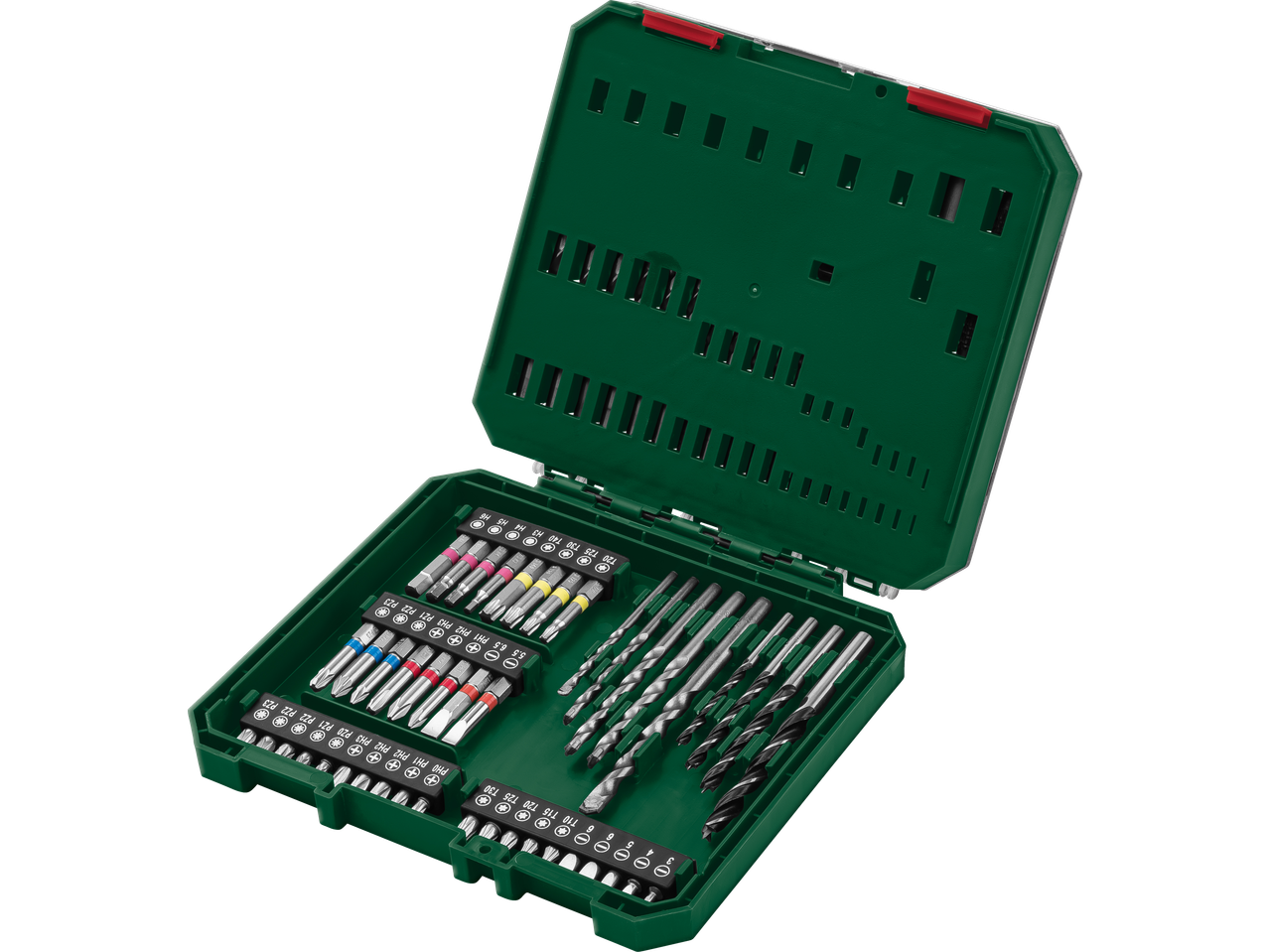 PARKSIDE puuri- ja otsikukomplekt rohelises karbis, erinevate suurustega puuride ja otsikutega.